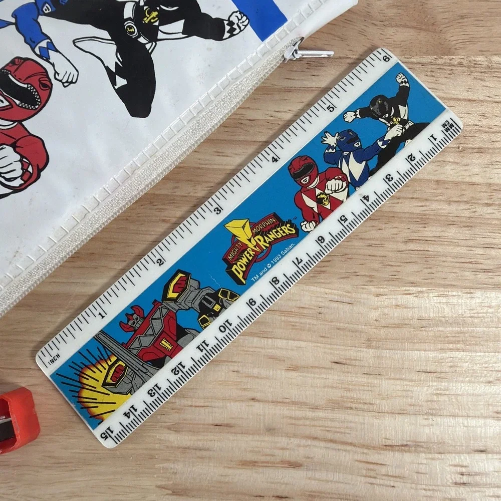 Vintage 1993 Mighty Morphin' Power Rangers White Pencil Case Zip Pouch Ruler